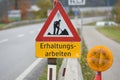 Sign `Conservation works` on a street in Austria, Europe